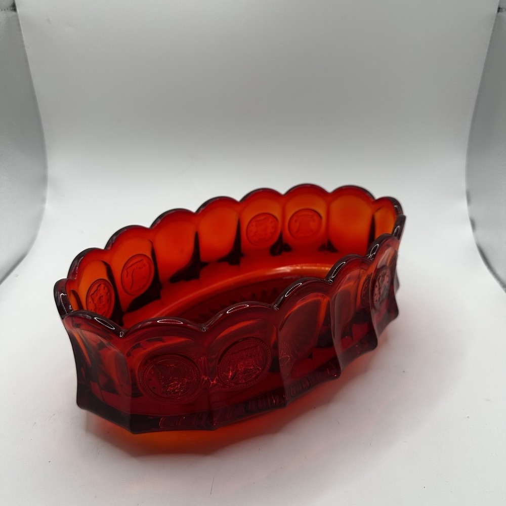 Vintage Fostoria Ruby Red Coin Scalloped Glass Console Bowl Dish Excellent Used - Picture 3 of 8
